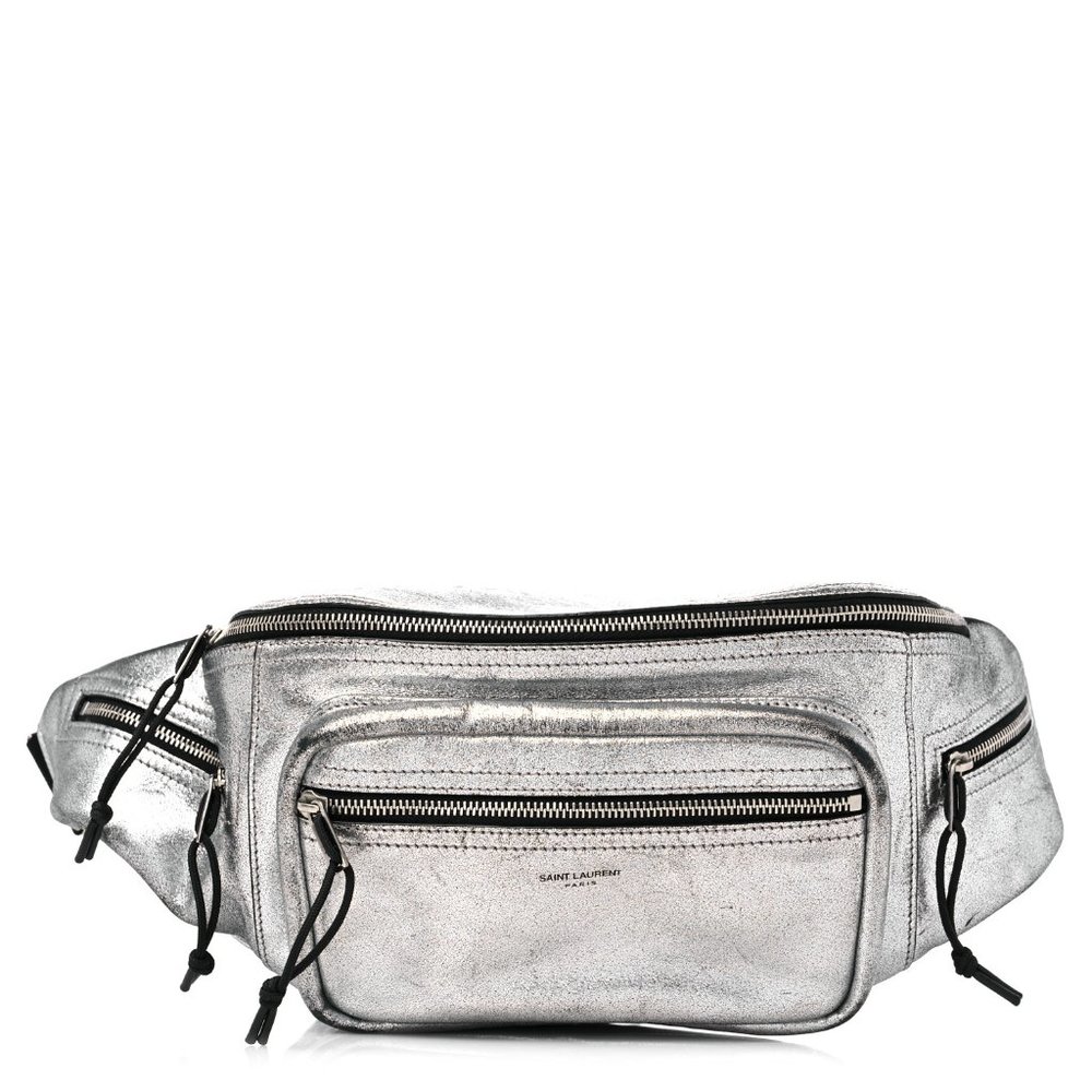 SAINT LAURENT Metallic Calfskin Ripstop Body Belt Bag Silver